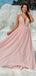 Simple A-Line V-Neck Spaghetti Straps Blush Pink Chiffon Long Prom Dresses,RBPD0066