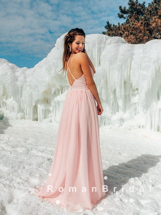 Simple A-Line V-Neck Spaghetti Straps Blush Pink Chiffon Long Prom Dresses,RBPD0066