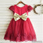 Red round neck Puff Sleeve Cute lace flower girl dress with big Golden bow back, Flower girl dress, FG0100