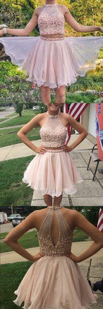 New Arrival Two-Pieces sleeveless Halter Blush Pink Short Prom Dresses, Homecoming Dresses, HD0330