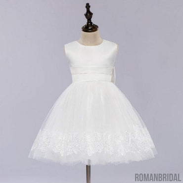 Pure white tutu, round neck,Back with a bow, Back torso button Flower Girl Dress, FG0102