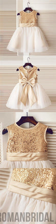 Gold Sequin Simple Cutest  Cheap Soft Pretty Flower Girl Dresses With Bow, FG0089