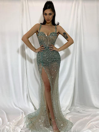 Sexy Spaghetti Straps Mermaid Sequin Cheap Long Prom Dresses,RBPD0126