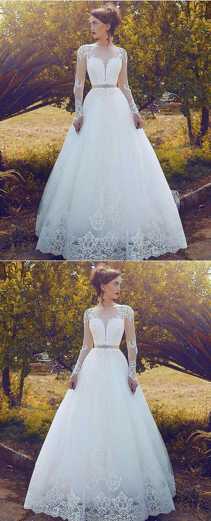 Elegant A-line Floor-length Long Sleeves Lace Appliques Wedding Dresses, WD0398