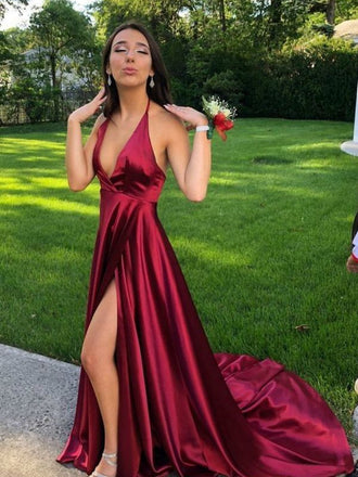 Newest Deep V-neck Burgundy Backless Prom Dress With Split, PD0717