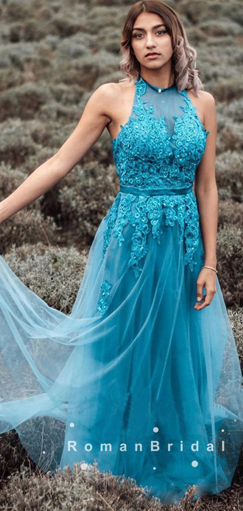 A-Line Halter Tulle Cheap Long Prom Dresses With Lace,RBPD0007