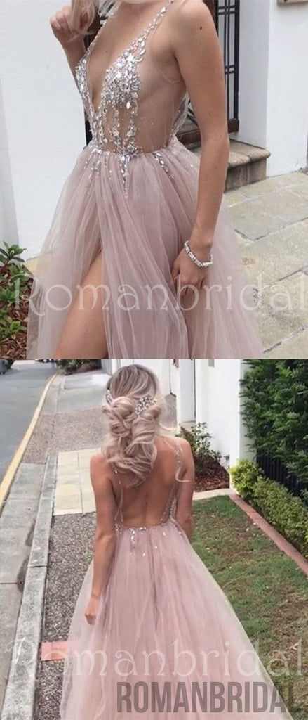 Amazing Hot Sexy Beaded Open Back Tulle Split Long Evening Prom Dresses Cheap Prom Dresses, PD0487