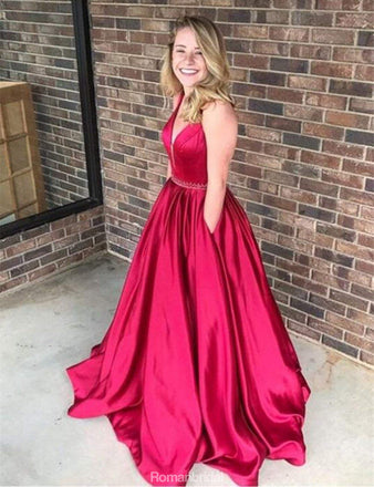 A-line V-neck Long Red Ball Gown,Prom Dress With Pocket, PD0606