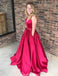 A-line V-neck Long Red Ball Gown,Prom Dress With Pocket, PD0606
