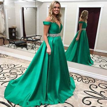 Off-shoulder V-neck Beading Long Green Prom Dresses, PD0678