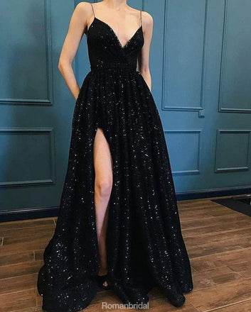 Shining Spaghetti Straps V-Neck Long High Split Black Prom Dress, PD0630