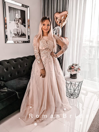 A-Line Round Neck Long Sleeves Tulle Custom Prom Dresses With Lace,RBPD0073