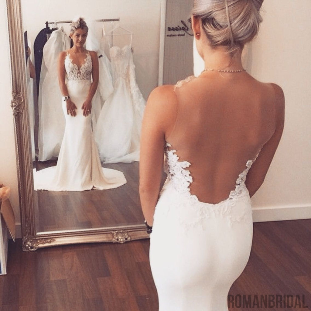 Charming Sexy Backless V-neck Mermaid Appliques Prom Gown Wedding Dress, WD0313