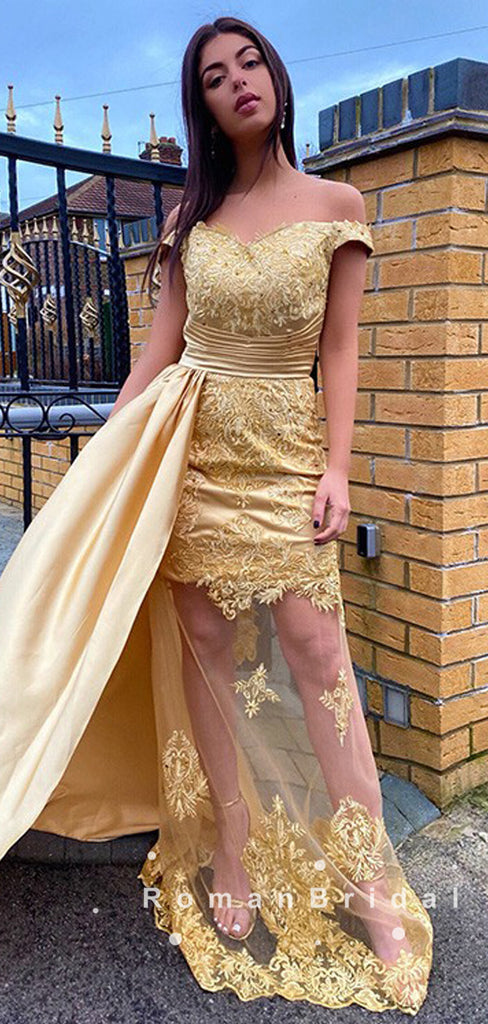 See Through Sheath Off The Shoulder Gold Detachable Long Prom Dresses With Lace,RBPD0075