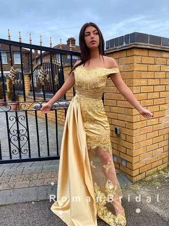 See Through Sheath Off The Shoulder Gold Detachable Long Prom Dresses With Lace,RBPD0075