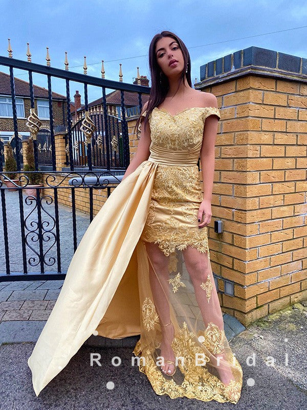 See Through Sheath Off The Shoulder Gold Detachable Long Prom Dresses With Lace,RBPD0075