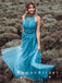A-Line Halter Tulle Cheap Long Prom Dresses With Lace,RBPD0007