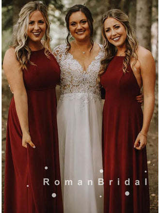 Simple A-Line Halter Burgundy Chiffon Long Bridesmaid Dresses,RBWG0007