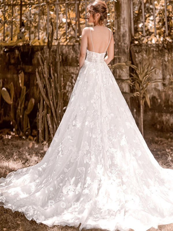 A-Line V-Neck Spaghetti Straps Lace Long Wedding Dresses Online,RBWD0008