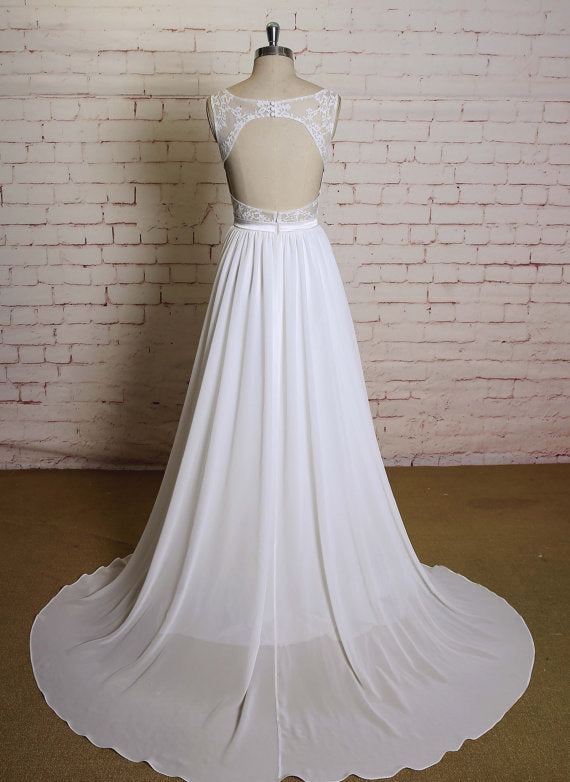 A-line sweetheart lace top chiffon open back simple Wedding Dresses with train, WD0364
