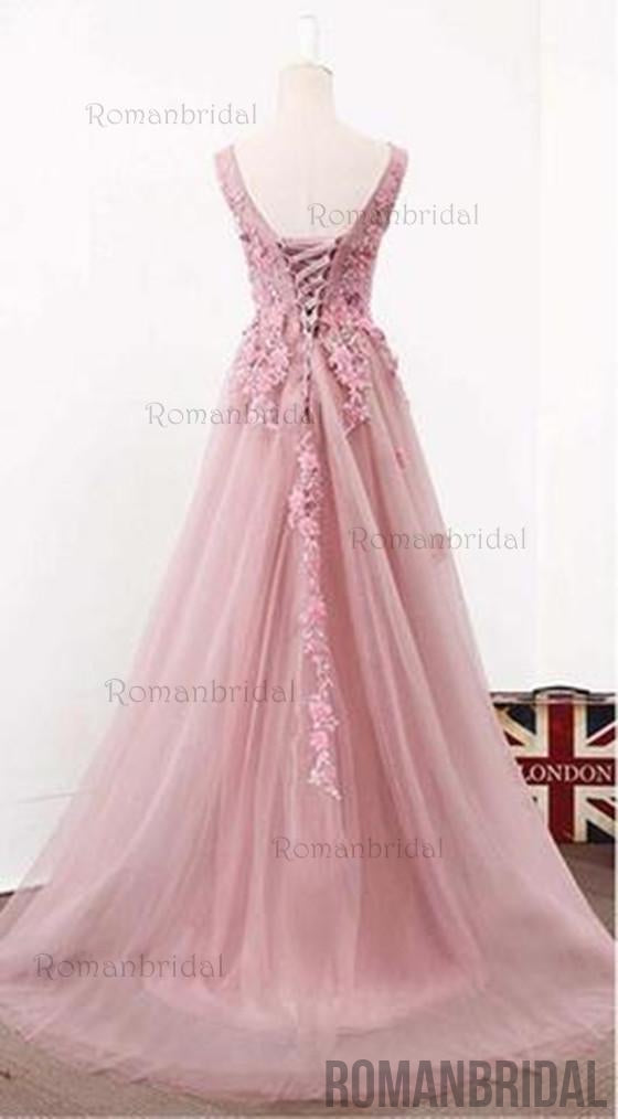 Pink V-neck lace tulle long prom dress, pink evening dress, Popular Cheap Long  prom dresses, PD0495