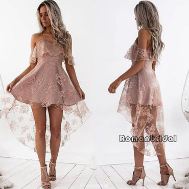 A-Line Spaghetti Straps off-shoulder Front short back long Pink Lace Homecoming dresses, HD0340