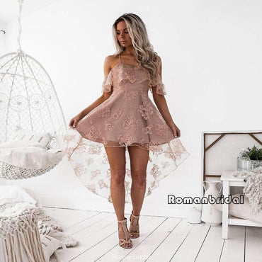 A-Line Spaghetti Straps off-shoulder Front short back long Pink Lace Homecoming dresses, HD0340