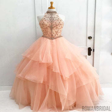 Gorgeous Floor-length A-line High Neck Beading Open back evening dress, long Prom Dresses, PD0506