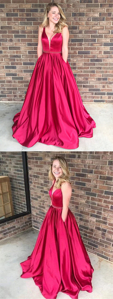 A-line V-neck Long Red Ball Gown,Prom Dress With Pocket, PD0606