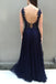 A-line V-neck Lace Appliques Backless Long Navy Blue Prom Dresses, PD0577