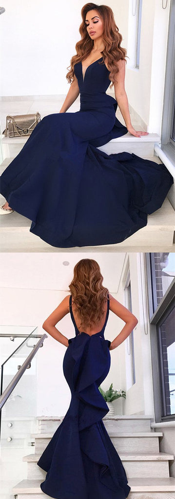 Newest Mermaid Sexy V-Neck Backless Long Prom Dress With Ruffles, PD003