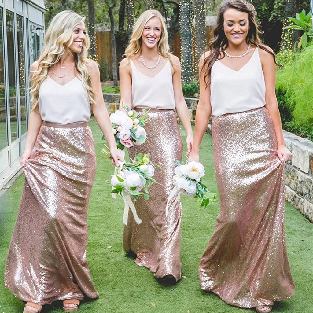 Two pieces Cheap Country Rose Gold Sequins  V-Neck Sleeveless long bridesmaid dresses , BD0423