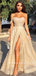A-Line Off The Shoulder Split Side Cheap Long Prom Dresses With Pleats,RBPD0083