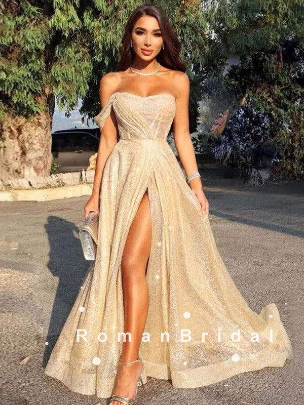 A-Line Off The Shoulder Split Side Cheap Long Prom Dresses With Pleats,RBPD0083