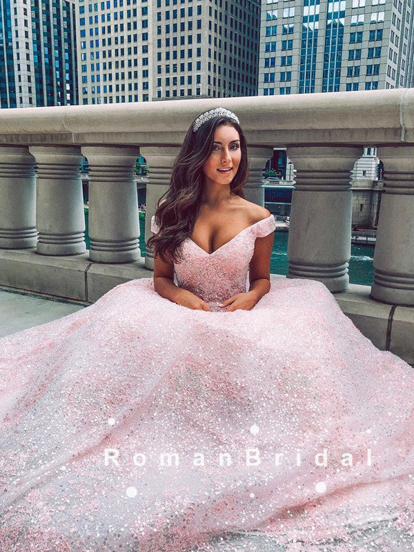 A-Line Off The Shoulder Pink Tulle Lace Long Prom Dresses With Beading,RBPD0085