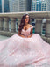 A-Line Off The Shoulder Pink Tulle Lace Long Prom Dresses With Beading,RBPD0085