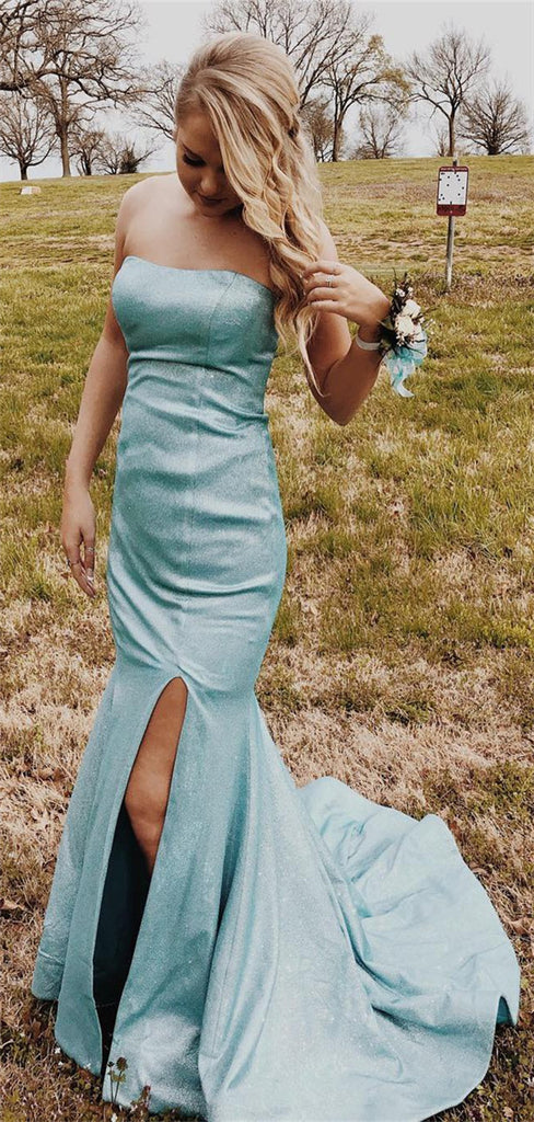 Unique Strapless Mermaid Zipper Back Long Prom Dresses With Split, PD0776