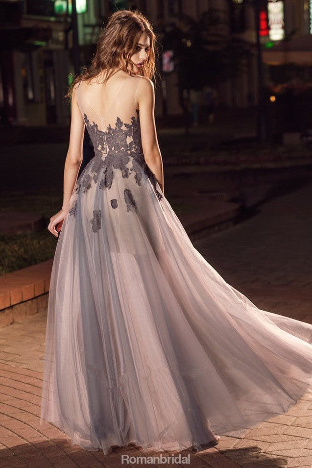 A-line Floor-length Sleeveless Appliques Long Prom Dresses, PD0588