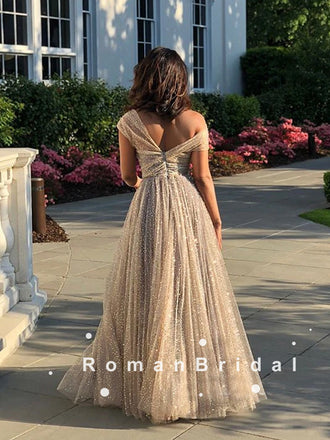 Shinny A-Line One Shoulder Tulle Long Prom Dresses Online,RBPD0088