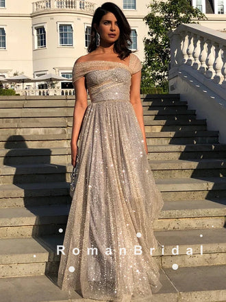 Shinny A-Line One Shoulder Tulle Long Prom Dresses Online,RBPD0088