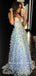 A-Line V-Neck Spaghetti Straps Light Blue Long Prom Dresses With Flowers,RBPD0089