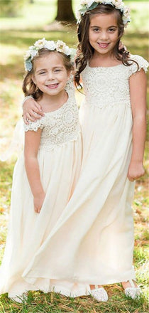 A-line Lace Top Cap Sleeves Chiffon Flower Girl Dresses, FG0148