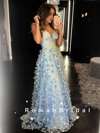 A-Line V-Neck Spaghetti Straps Light Blue Long Prom Dresses With Flowers,RBPD0089