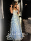 A-Line V-Neck Spaghetti Straps Light Blue Long Prom Dresses With Flowers,RBPD0089