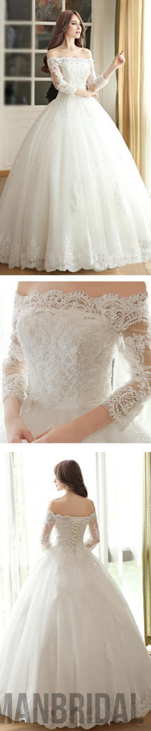 Vantage Off Shoulder Long Sleeve White Lace Wedding Dresses, Lace Up Bridal Gown, WD0009