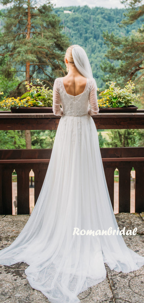 Simple A-line Chiffon Long Sleeve Cheap Long Wedding Dresses Online,RBWD0039