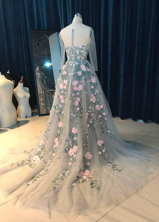 Hot selling A-line round neck Appliques Tail evening dresses, Ivory tulle long prom dresses, PD0518