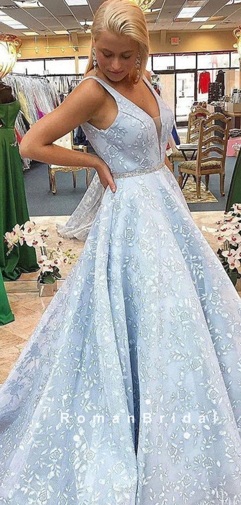 A-Line V-Neck Sleeveless Light Blue Long Prom Dresses With Lace,RBPD0090