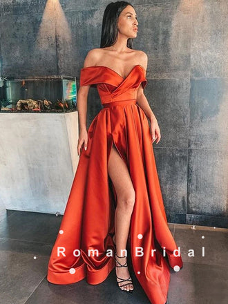 A-Line Off The Shoulder Split Side Long Cheap Prom Dresses,RBPD0091