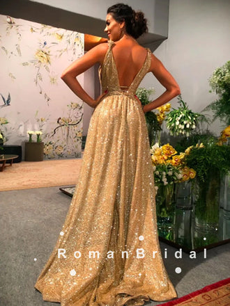 A-Line V-Neck Straps Long Prom Dresses With Gold Sequins,RBPD0092